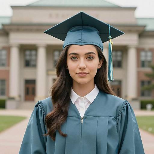 Young Female Graduate in Teal Cap and Gown