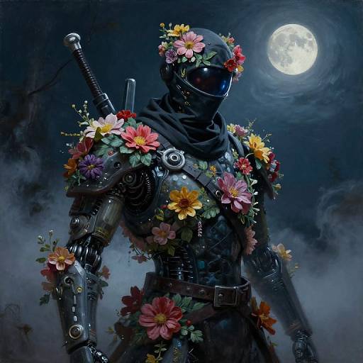 Digital artwork of a metallic, faceless warrior adorned with vibrant flowers, under a full moon. Dark, misty background enhances the eerie, mystical atmosphere