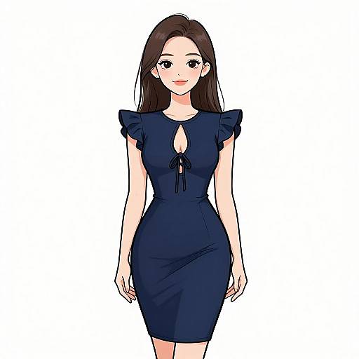 Digital anime-style drawing of a young woman with long brown hair, wearing a navy blue, short-sleeved, cleavage-cut dress. White background