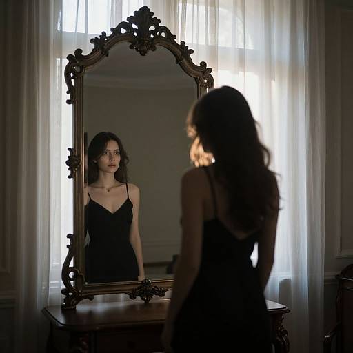 Photograph of a woman with dark hair, wearing a black dress, standing before an ornate, vintage mirror in a dimly lit room with white
