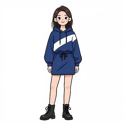 Digital anime-style drawing of a young girl with straight brown hair, wearing a blue and white striped hoodie dress, black boots, standing against a plain white