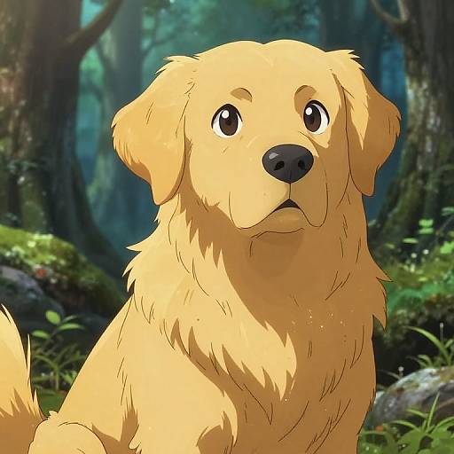 Digital illustration of a golden retriever with large, expressive eyes, sitting in a lush, sunlit forest with green foliage and trees in the background.