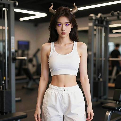 Digital art of an East Asian woman with purple eyes, black horns, wearing a white crop top and pants, in a modern gym.