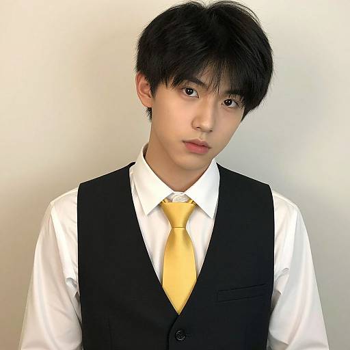 Photograph of a young Asian man with black hair, wearing a white shirt, yellow tie, and black vest, against a plain white background.
