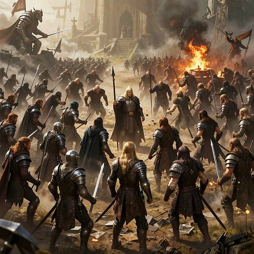 Epic digital artwork of a chaotic medieval battle with armored warriors clashing, fiery explosions, smoke, and a grand cathedral backdrop.