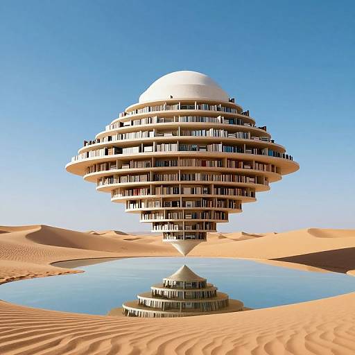 Photorealistic CGI of a futuristic, multi-tiered, dome-topped building standing in a clear oasis in a bright blue desert under a clear sky