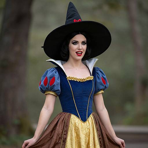 Photograph of a fair-skinned woman with red lipstick, black witch hat, blue puffed sleeves dress, gold skirt, and white collar, standing