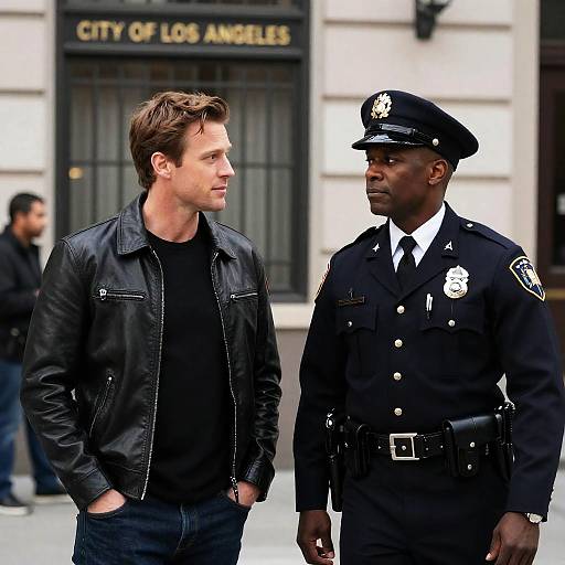 Man and Police Officer Standing Outdoors in Los Angeles
