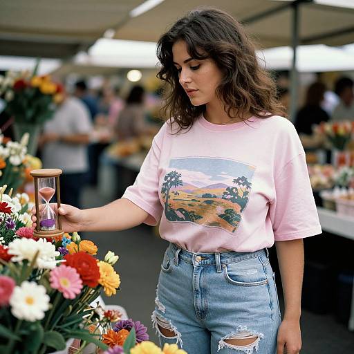 Photograph of a young woman with wavy brown hair, wearing a pink graphic tee and ripped blue jeans, holding a glass hourglass among colorful flowers