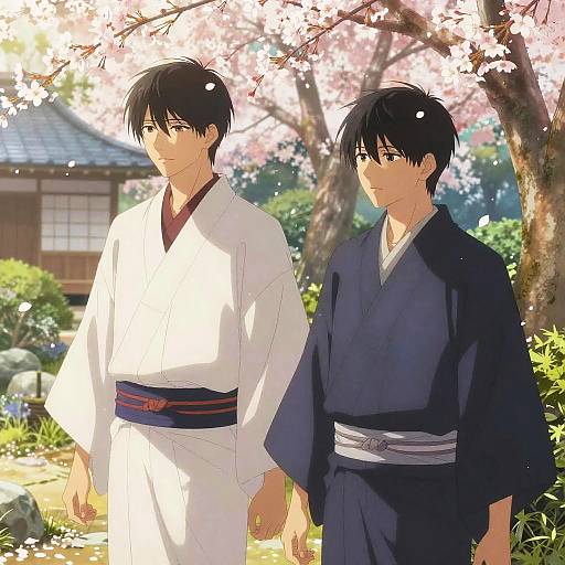 Anime-style digital illustration of two young men in white and navy yukatas, standing under cherry blossoms, with a traditional Japanese house in the background