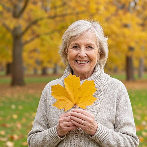 Photograph of a smiling elderly woman with short blonde hair, wearing a beige sweater, holding three bright yellow autumn leaves in a park with yellow-leaved