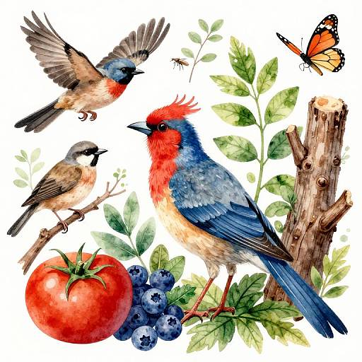Watercolor illustration of vibrant birds, including a red-headed bluebird, two brownish sparrows, and an orange and black butterfly, with a tomato