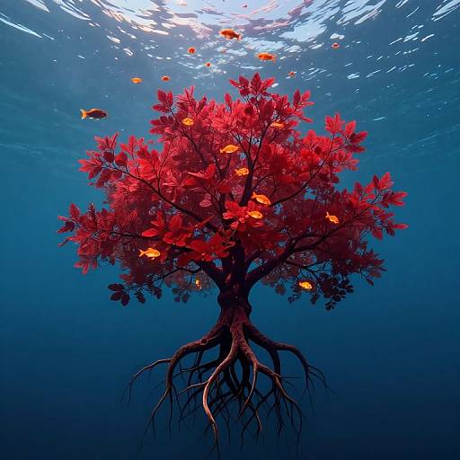 Photograph of an underwater red-leaved tree with vibrant orange fish swimming among its branches, surrounded by deep blue water.