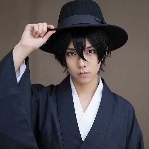 Photograph of an Asian man with black hair, wearing a black hat and traditional black kimono with a white collar, adjusting his hat against a plain