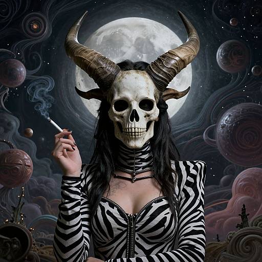 Digital artwork: Skull-faced demon woman with large horns, black hair, zebra-patterned top, holding cigarette, under full moon, cosmic background.