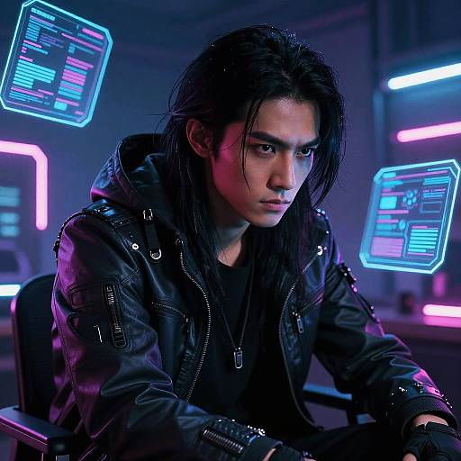Cyberpunk digital illustration: Serious young woman with long black hair, wearing a black leather jacket, focused on neon blue holographic screens in a dim