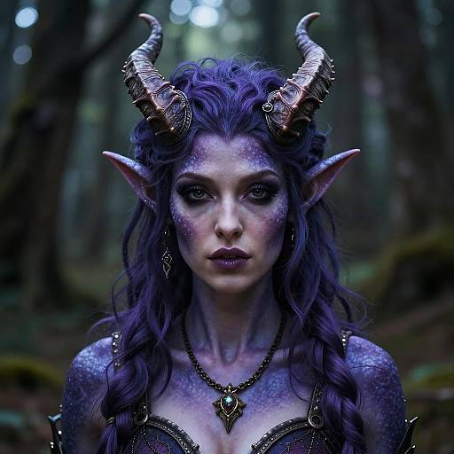 Digital fantasy artwork of a purple-skinned, blue-haired demon woman with curled horns, pointed ears, and dark makeup, set in a mystical forest.