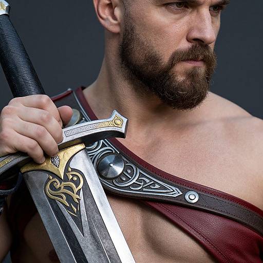 Photograph of a muscular, bearded man with a serious expression, holding an ornate, silver and gold sword with intricate designs, wearing a mar