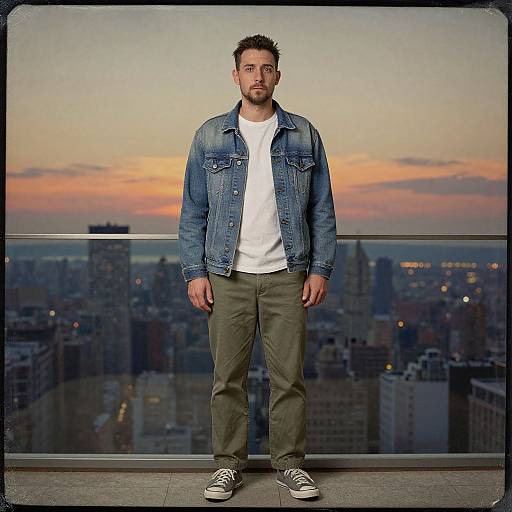Photograph of a bearded man with short dark hair, wearing a denim jacket, white t-shirt, olive pants, and gray sneakers, standing on