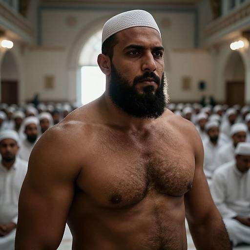 Photograph of a muscular, bearded Middle Eastern man with a white cap, shirtless, standing in a mosque filled with men wearing white caps and
