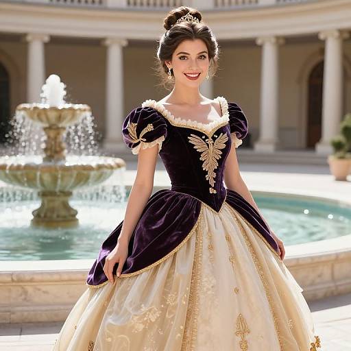 Photorealistic digital image of a smiling young woman in a regal, dark purple and cream ball gown with gold embroidery, standing in front of a