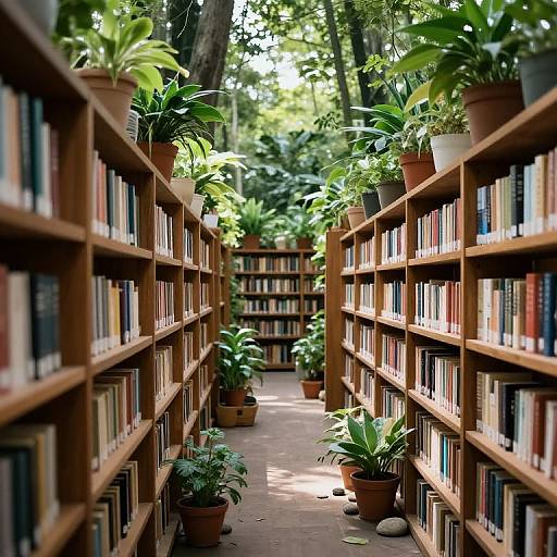 Photograph of a sunlit, indoor library aisle with wooden bookshelves on both sides, potted plants, and a pathway leading to a distant