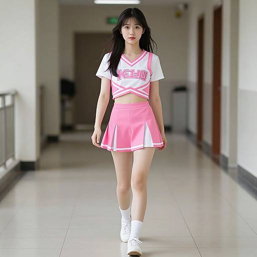 Pink Cheerleader Walking Down Hall