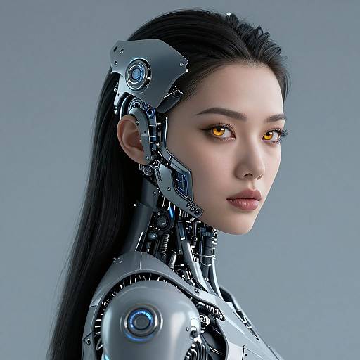 CGI image of a serene, cybernetic Asian woman with glowing yellow eyes, long black hair, and metallic robotic head and neck, set against
