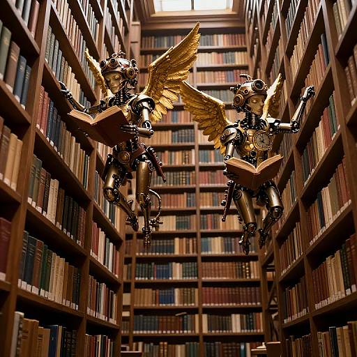 Photograph of two metallic winged angels with golden feathers, floating between towering wooden bookshelves filled with colorful books, in a grand library.