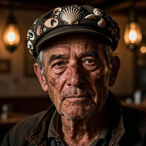 Photograph of an elderly man with wrinkled, weathered skin, gray hair, and a solemn expression, wearing a black beret adorned with white