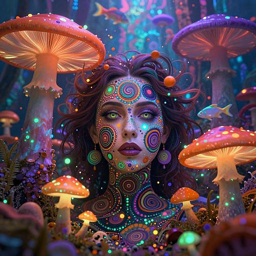 Digital art of a woman with glowing, colorful face paint and vibrant green eyes, surrounded by neon mushrooms in a surreal, glowing forest.