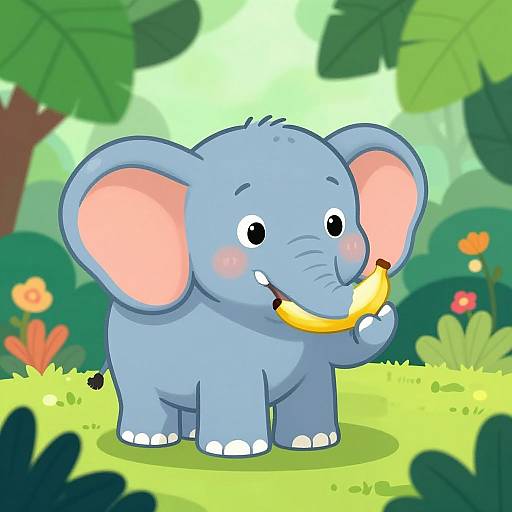 Colorful Cartoon Elephant Eating Banana