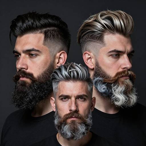 Photograph of three Caucasian men with diverse, intricate hairstyles and beards against a dark background, showcasing different styles and textures.