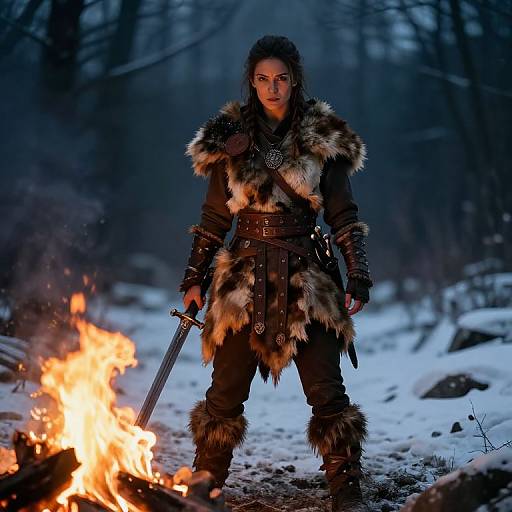 Photograph of a fierce, long-haired warrior in fur cloak, standing by a campfire in a snowy forest, holding a sword.