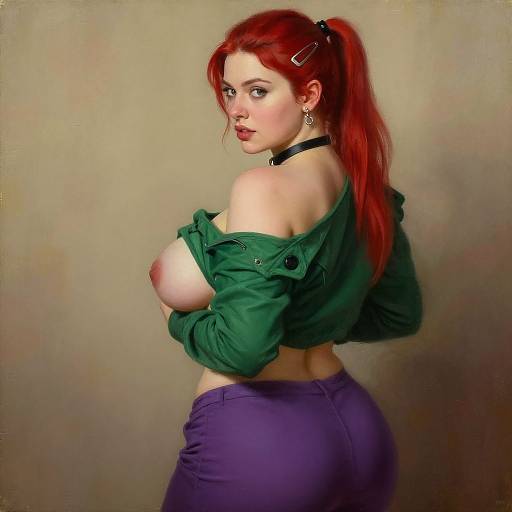 Photograph of a pale-skinned, red-haired woman with a ponytail, green off-shoulder top, purple pants, black choker,