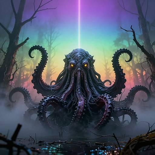 Digital artwork of a menacing, multi-colored, glowing-eyed octopus with dark, textured tentacles emerging from a misty, rainbow-lit forest.