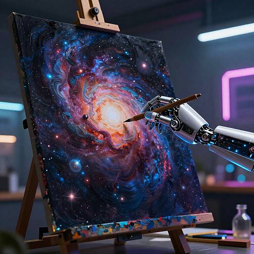 Photograph of a vibrant, digital painting of a colorful galaxy on an easel, with a robotic arm painting it in a neon-lit studio.