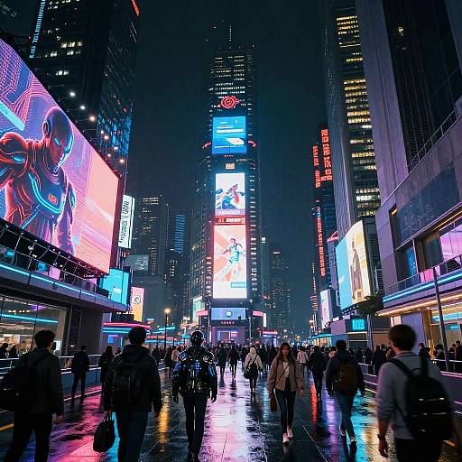 Photograph of a neon-lit, bustling urban night scene in a city, with crowds walking on wet pavement, surrounded by towering skyscrapers and