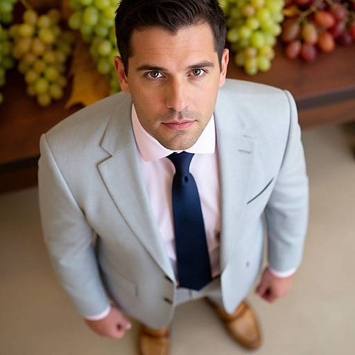 Photograph of a handsome man with short, dark hair, wearing a light gray suit, white shirt, black tie, and brown shoes, looking up