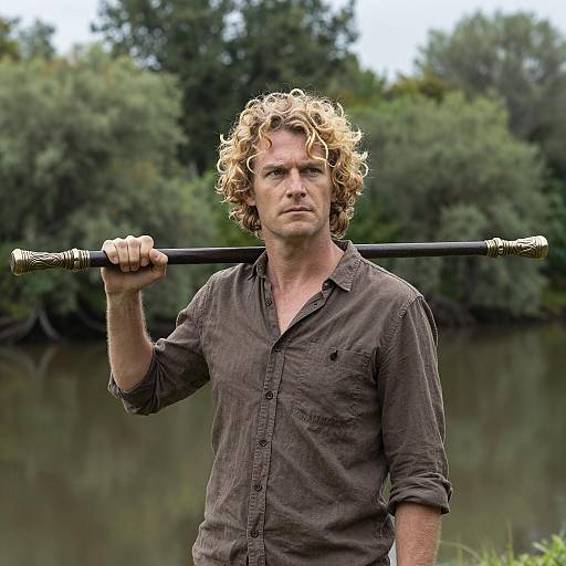 Man with Curly Blonde Hair Holding Ornate Staff Outdoors
