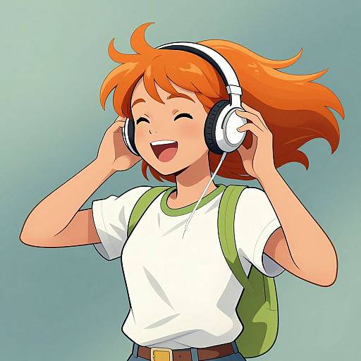 Digital anime-style drawing of a cheerful girl with orange hair, wearing white headphones, green backpack, and white shirt, smiling widely against a gradient blue background