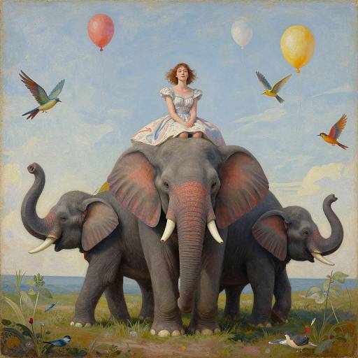 Digital painting of a curly-haired woman in a blue dress riding a large gray elephant with two smaller elephants, surrounded by colorful balloons and birds in a bright