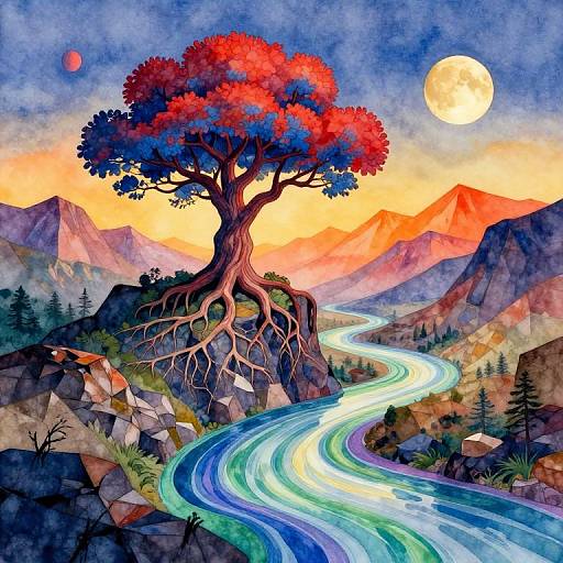 Vibrant digital painting of a red-leaved tree with exposed roots atop a rocky cliff, beside a glowing, winding river, under a full moon