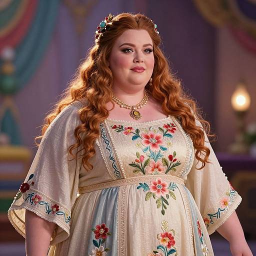 Photograph of a plus-size, fair-skinned woman with long red curly hair, wearing a cream floral embroidered dress and pearl necklace, standing in a