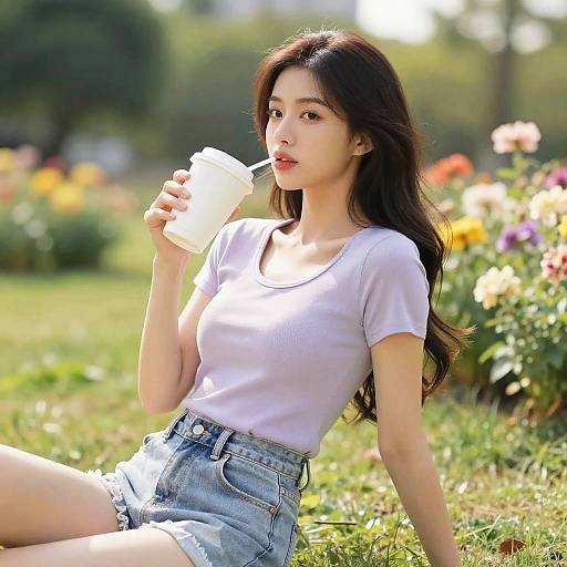 Photograph of an Asian woman with long dark hair, wearing a white t-shirt and denim shorts, sitting on grass, sipping from a plastic cup