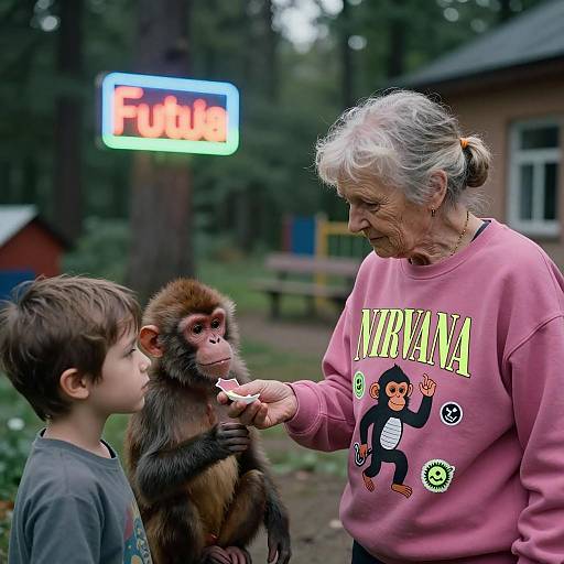 Grandma Feeding Baby Monkey in Outdoor Forest Setting