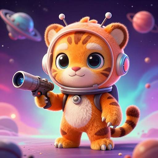Cute, digital CGI of a chubby, orange tiger cub in a space helmet and backpack, holding a flashlight, standing on a colorful, starry