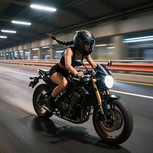 Photograph of a woman in a black helmet, bra, and shorts, riding a black motorcycle at high speed in a brightly lit, blurred underground tunnel