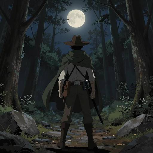 Lone Ranger Under Full Moon in Forest