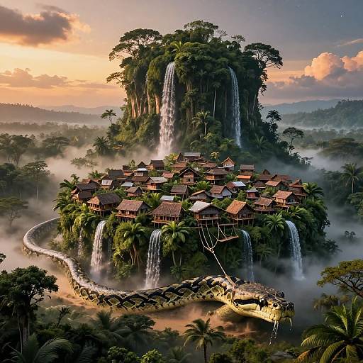 Digital art of a lush, tropical island with waterfall-fed village, red-roofed houses, dense greenery, and misty sunrise sky.